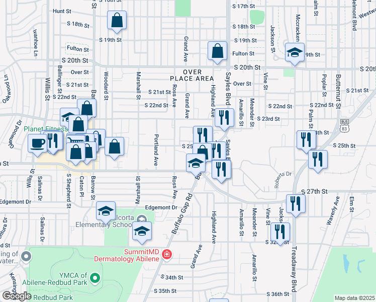 map of restaurants, bars, coffee shops, grocery stores, and more near 2420 South 25th Street in Abilene