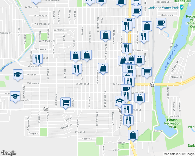 map of restaurants, bars, coffee shops, grocery stores, and more near 207 South Mesquite Street in Carlsbad