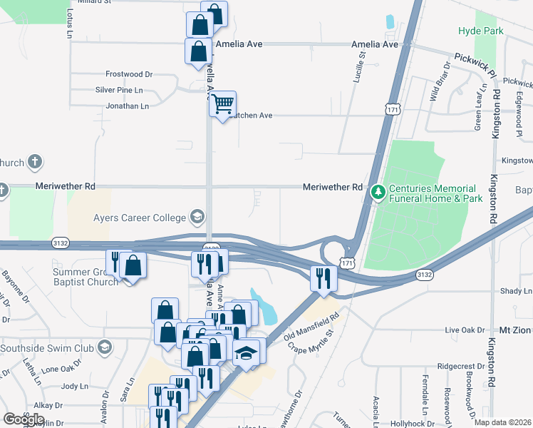 map of restaurants, bars, coffee shops, grocery stores, and more near 8806 Ruth Avenue in Shreveport