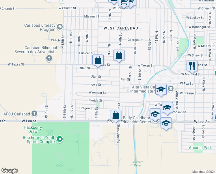 map of restaurants, bars, coffee shops, grocery stores, and more near 2401 Iowa Street in Carlsbad