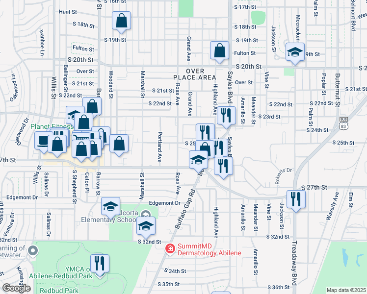 map of restaurants, bars, coffee shops, grocery stores, and more near 2501 Ross Avenue in Abilene