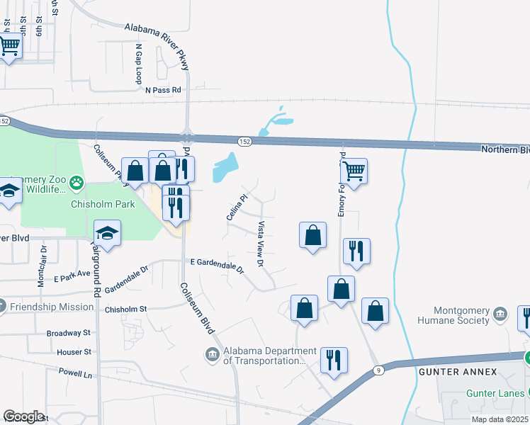 map of restaurants, bars, coffee shops, grocery stores, and more near 1819 Vista View Drive in Montgomery