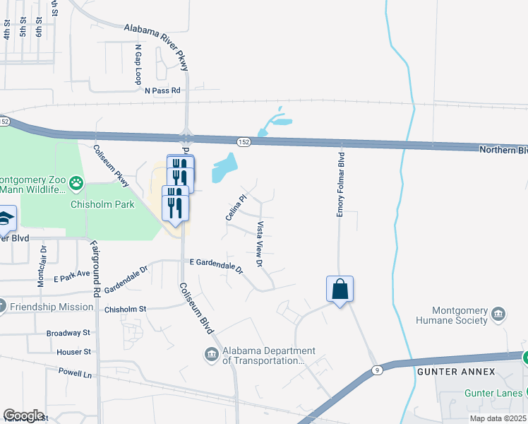 map of restaurants, bars, coffee shops, grocery stores, and more near 1819 Vista View Drive in Montgomery