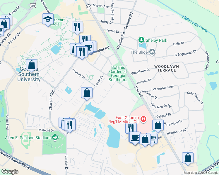 map of restaurants, bars, coffee shops, grocery stores, and more near 5 University Place in Statesboro