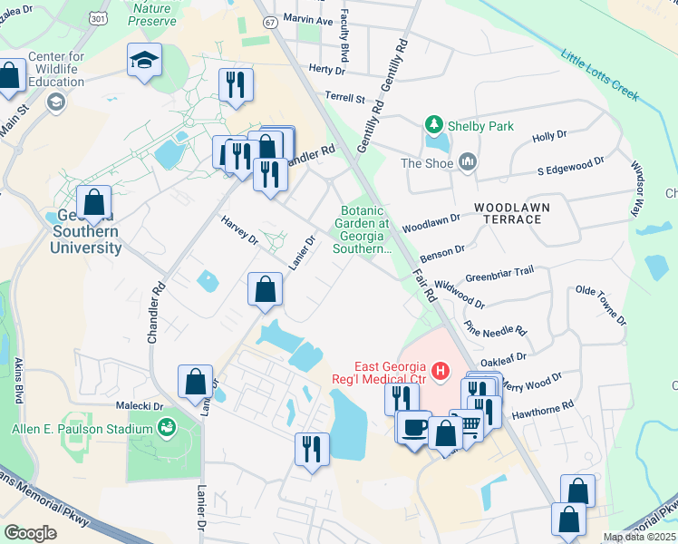 map of restaurants, bars, coffee shops, grocery stores, and more near 19 University Court in Statesboro