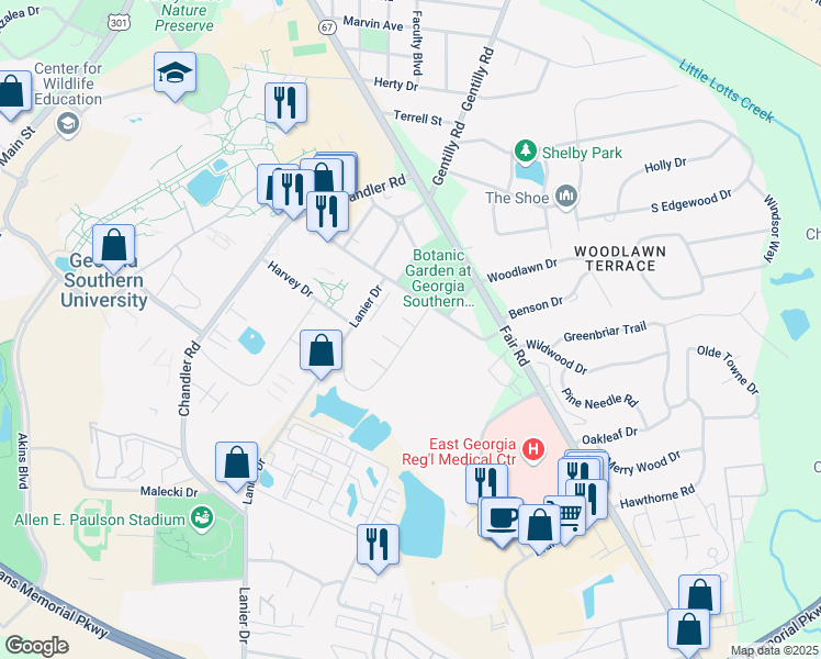 map of restaurants, bars, coffee shops, grocery stores, and more near 18 University Court in Statesboro