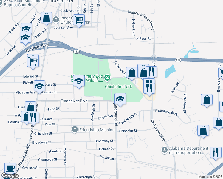 map of restaurants, bars, coffee shops, grocery stores, and more near Zoo Road in Montgomery