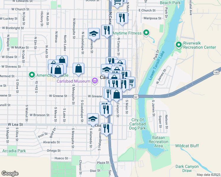 map of restaurants, bars, coffee shops, grocery stores, and more near 199 South Canal Street in Carlsbad