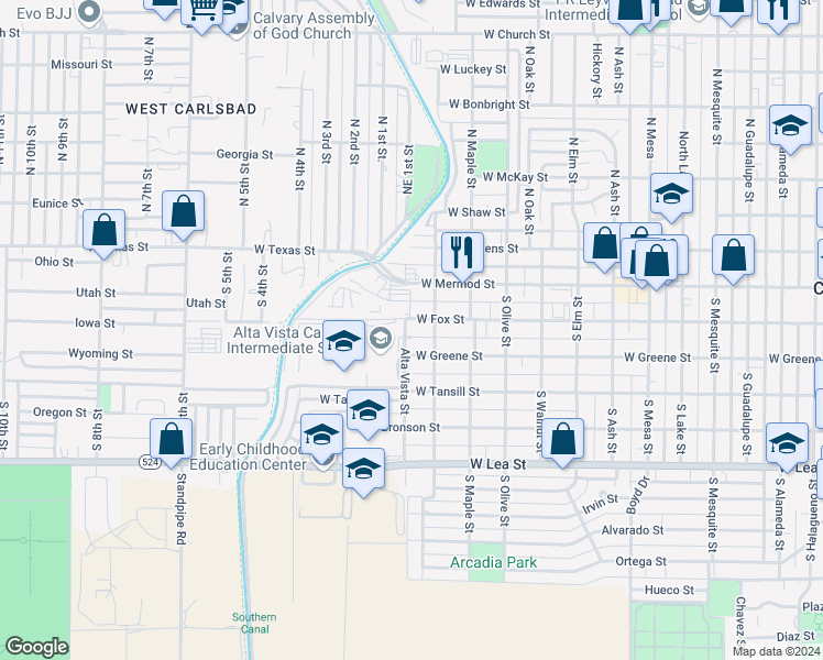 map of restaurants, bars, coffee shops, grocery stores, and more near 1507 West Fox Street in Carlsbad