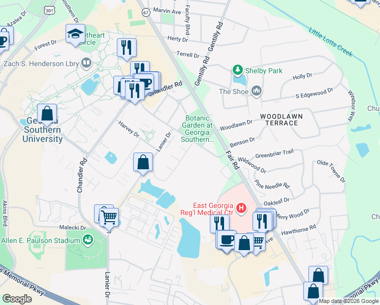 map of restaurants, bars, coffee shops, grocery stores, and more near 6 University Place in Statesboro