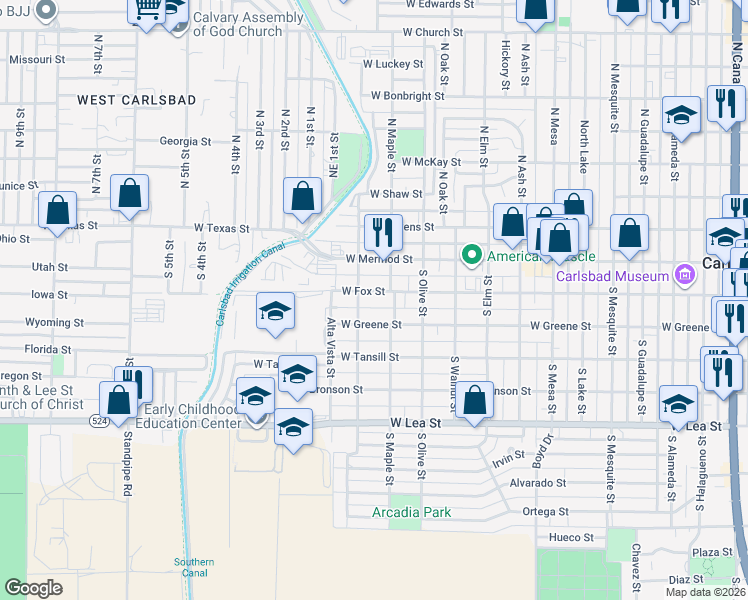 map of restaurants, bars, coffee shops, grocery stores, and more near 113 South Maple Street in Carlsbad
