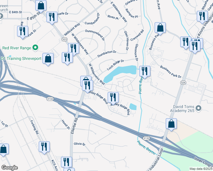 map of restaurants, bars, coffee shops, grocery stores, and more near 8845 West Wilderness Way in Shreveport