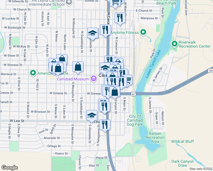 map of restaurants, bars, coffee shops, grocery stores, and more near 303 West Fox Street in Carlsbad