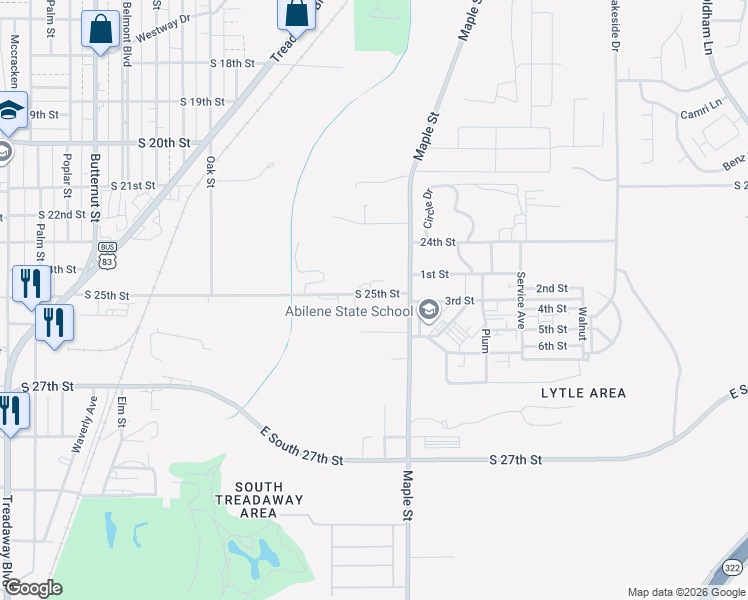 map of restaurants, bars, coffee shops, grocery stores, and more near 2450 Maple Street in Abilene