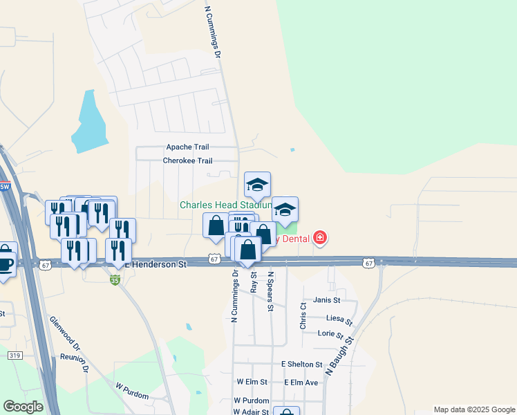 map of restaurants, bars, coffee shops, grocery stores, and more near 1000 North Cummings Drive in Alvarado