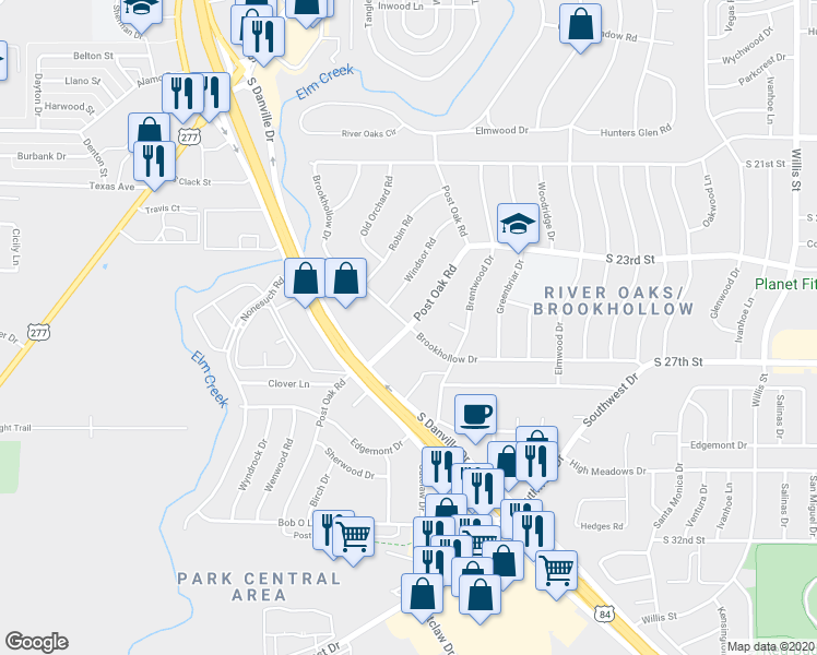 map of restaurants, bars, coffee shops, grocery stores, and more near 2498 Brookhollow Drive in Abilene