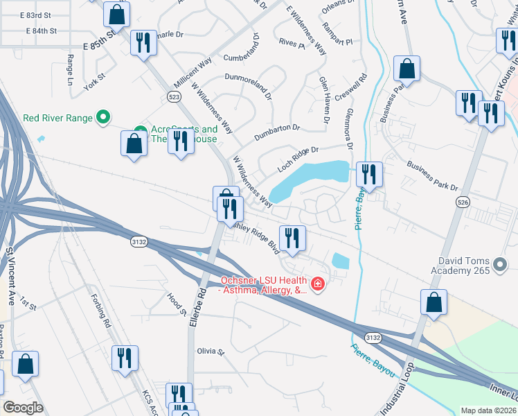 map of restaurants, bars, coffee shops, grocery stores, and more near 8950 West Wilderness Way in Shreveport