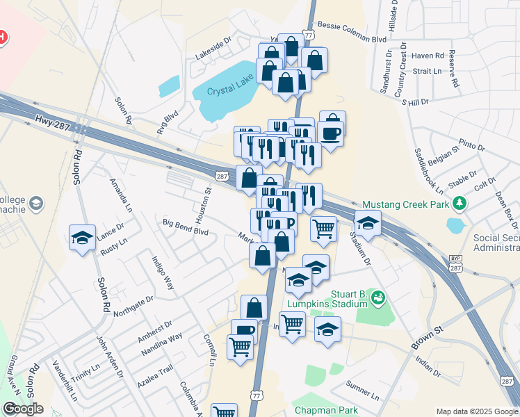 map of restaurants, bars, coffee shops, grocery stores, and more near 1035 U.S. 287 Bypass in Waxahachie