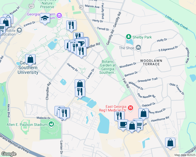 map of restaurants, bars, coffee shops, grocery stores, and more near 1 University Court in Statesboro