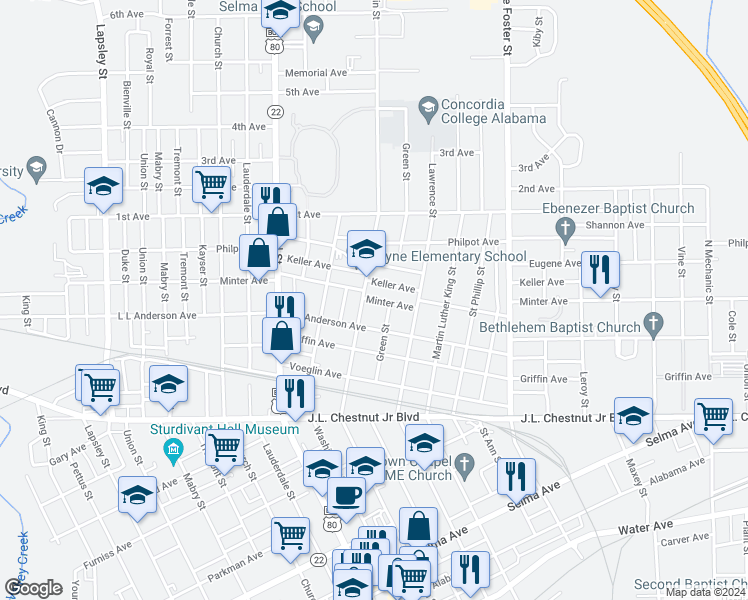 map of restaurants, bars, coffee shops, grocery stores, and more near 1313 Minter Avenue in Selma