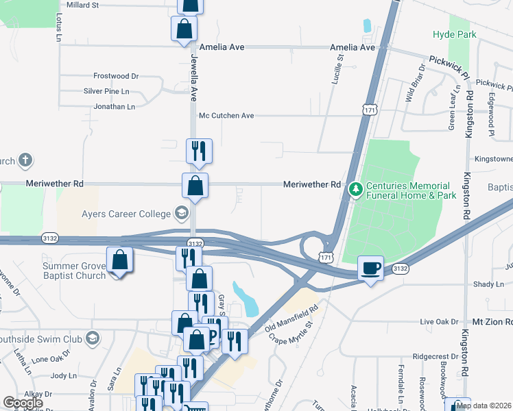map of restaurants, bars, coffee shops, grocery stores, and more near 8806 Ruth Avenue in Shreveport