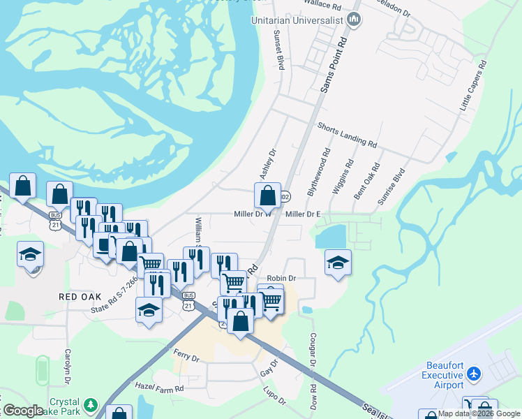 map of restaurants, bars, coffee shops, grocery stores, and more near 23 Miller Drive East in Beaufort