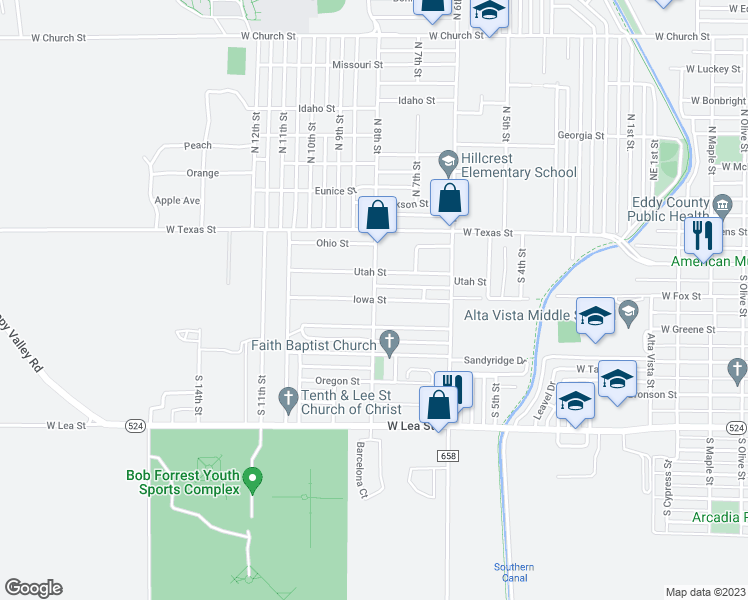 map of restaurants, bars, coffee shops, grocery stores, and more near 208 South 8th Street in Carlsbad