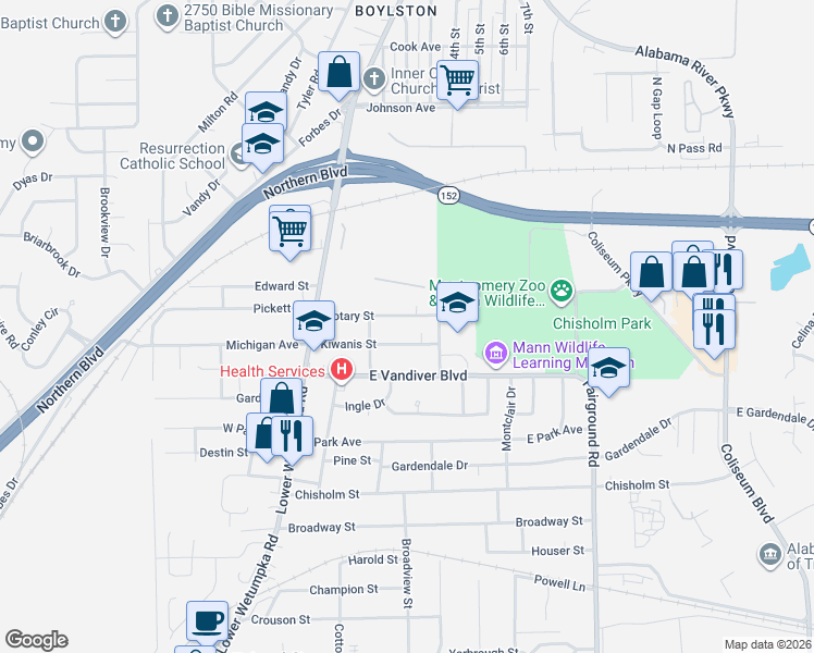 map of restaurants, bars, coffee shops, grocery stores, and more near 114 Rotary Street in Montgomery
