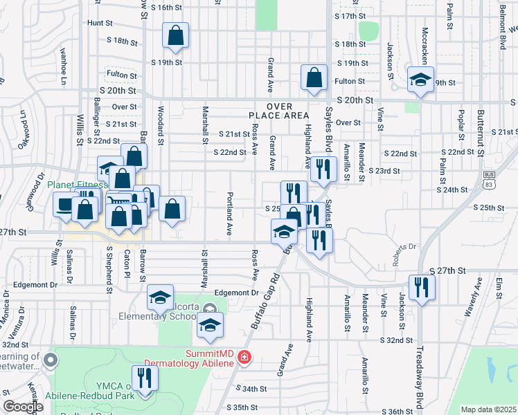 map of restaurants, bars, coffee shops, grocery stores, and more near 2500 South 25th Street in Abilene