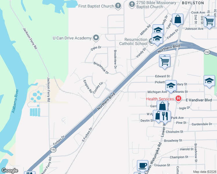 map of restaurants, bars, coffee shops, grocery stores, and more near 2501-2591 Forbes Drive in Montgomery