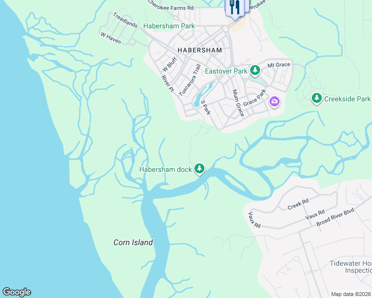 map of restaurants, bars, coffee shops, grocery stores, and more near 78 Old Oyster Factory Road in Beaufort