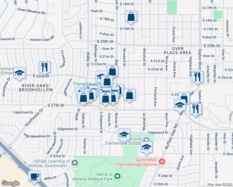 map of restaurants, bars, coffee shops, grocery stores, and more near 2499 Barrow Street in Abilene