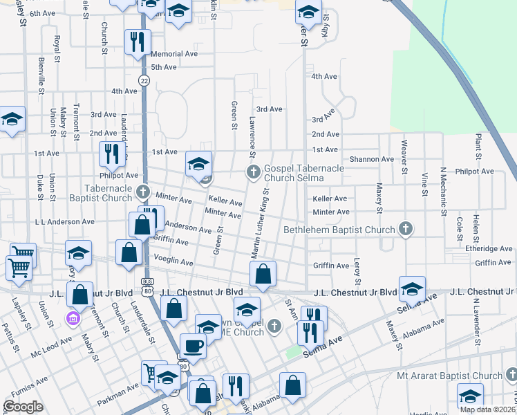 map of restaurants, bars, coffee shops, grocery stores, and more near 1510 Martin Luther King Street in Selma