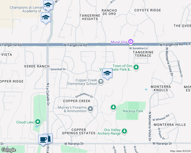 map of restaurants, bars, coffee shops, grocery stores, and more near 1040 West Lost Dutchman Place in Oro Valley