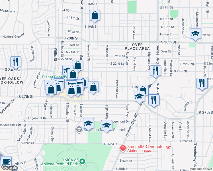 map of restaurants, bars, coffee shops, grocery stores, and more near 2450 Marshall Street in Abilene