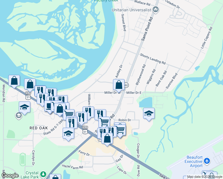 map of restaurants, bars, coffee shops, grocery stores, and more near 23 Miller Drive East in Beaufort