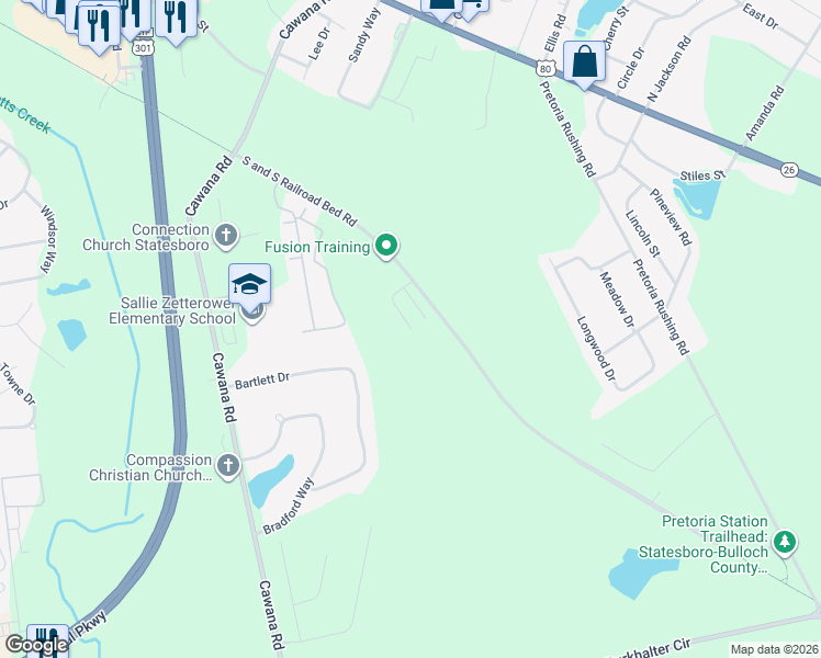map of restaurants, bars, coffee shops, grocery stores, and more near S.S. Railroad Bed Road in Statesboro