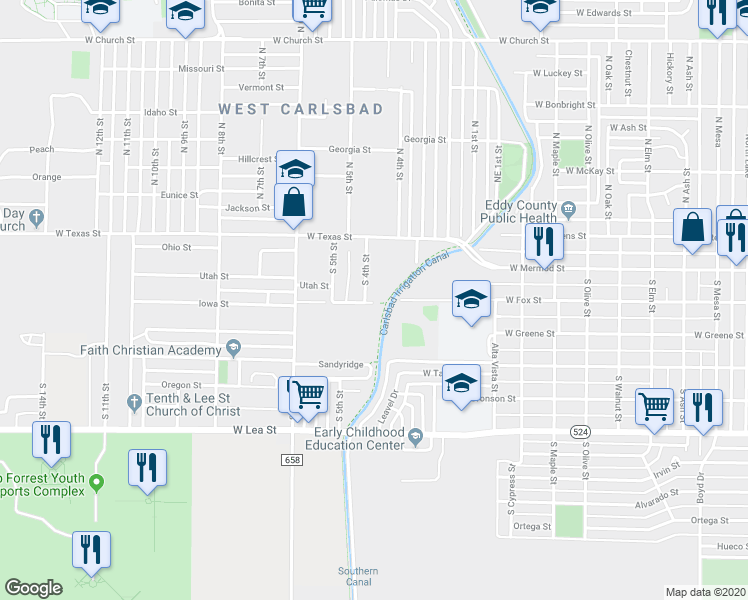 map of restaurants, bars, coffee shops, grocery stores, and more near 212 South 4th Street in Carlsbad