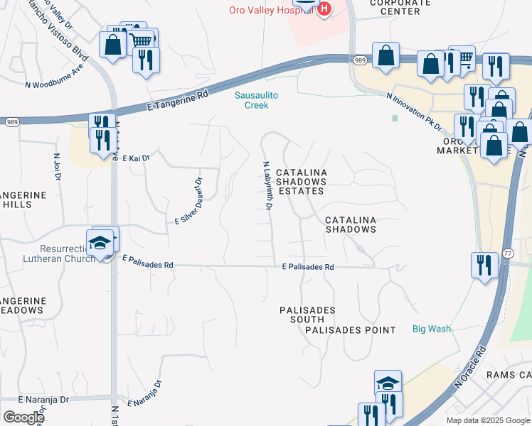 map of restaurants, bars, coffee shops, grocery stores, and more near 1340 East Starship Place in Tucson