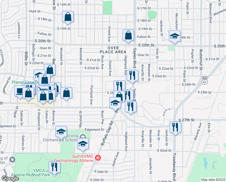 map of restaurants, bars, coffee shops, grocery stores, and more near 2420 South 25th Street in Abilene