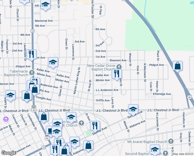 map of restaurants, bars, coffee shops, grocery stores, and more near 1505 FD Reese Street in Selma