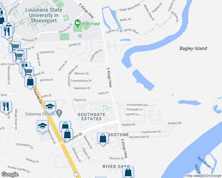 map of restaurants, bars, coffee shops, grocery stores, and more near 9146 East Kings Highway in Shreveport