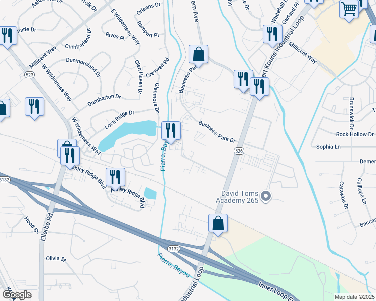 map of restaurants, bars, coffee shops, grocery stores, and more near 8873 Quimper Place in Shreveport
