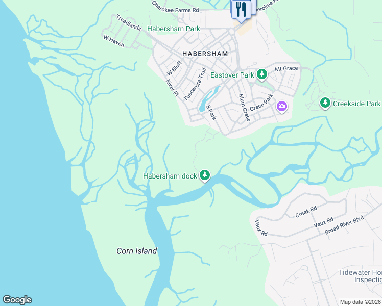 map of restaurants, bars, coffee shops, grocery stores, and more near 78 Old Oyster Factory Road in Beaufort