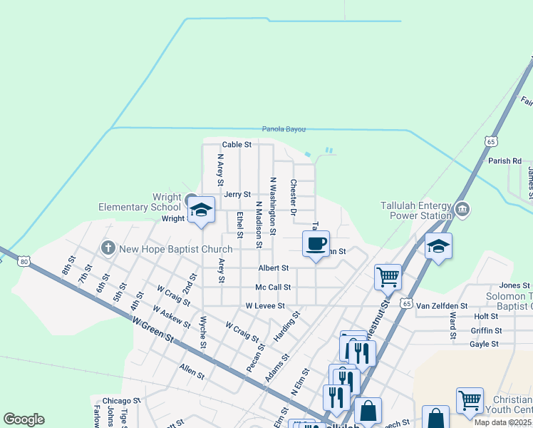 map of restaurants, bars, coffee shops, grocery stores, and more near 402 University Street in Tallulah