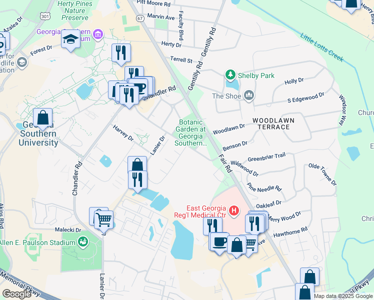 map of restaurants, bars, coffee shops, grocery stores, and more near 602 Georgia Avenue in Statesboro