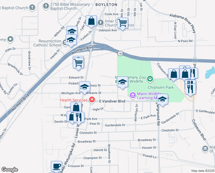 map of restaurants, bars, coffee shops, grocery stores, and more near 114 Rotary Street in Montgomery