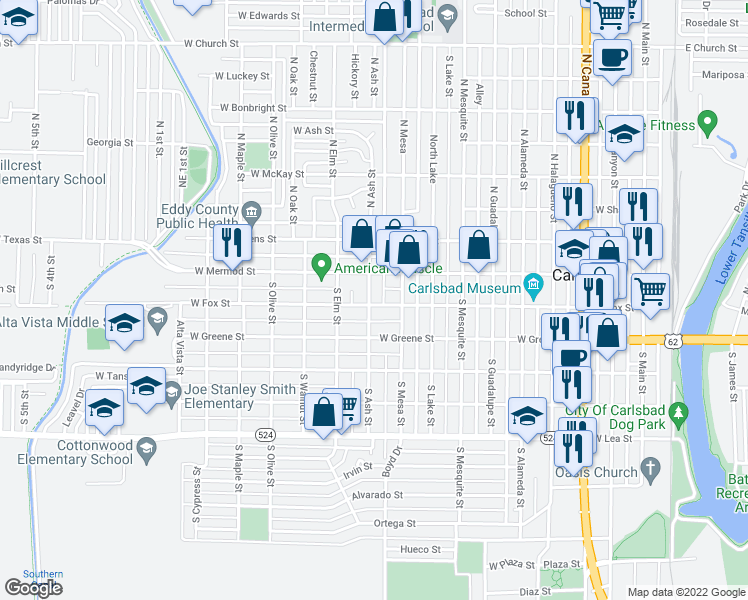 map of restaurants, bars, coffee shops, grocery stores, and more near 912 West Fox Street in Carlsbad