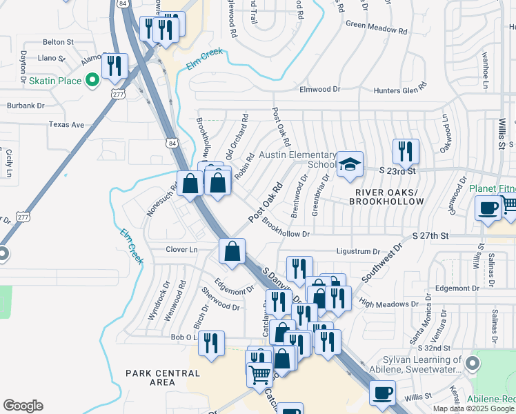 map of restaurants, bars, coffee shops, grocery stores, and more near 2425 Brookhollow Drive in Abilene