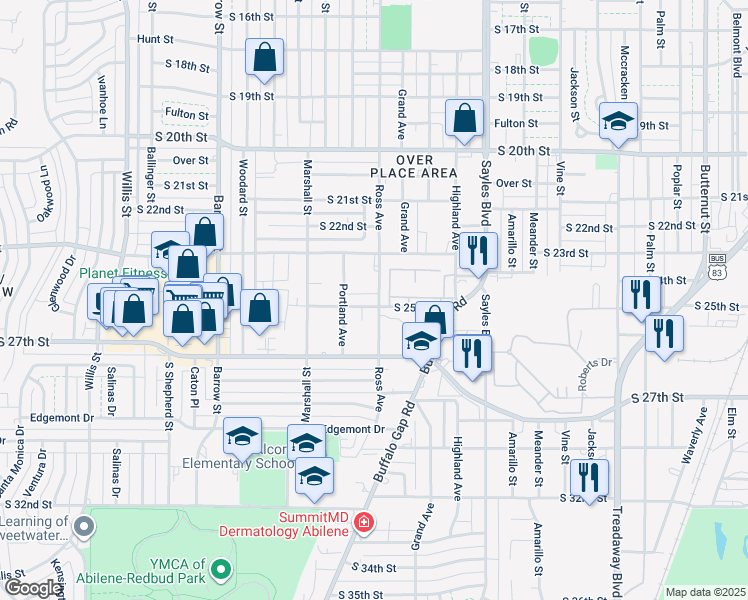 map of restaurants, bars, coffee shops, grocery stores, and more near 2500 South 25th Street in Abilene